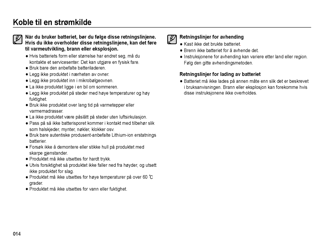 Samsung EC-ES70ZZBPRE2, EC-ES70ZZBPPE2, EC-ES70ZZBPSE2 Retningslinjer for avhending, Retningslinjer for lading av batteriet 