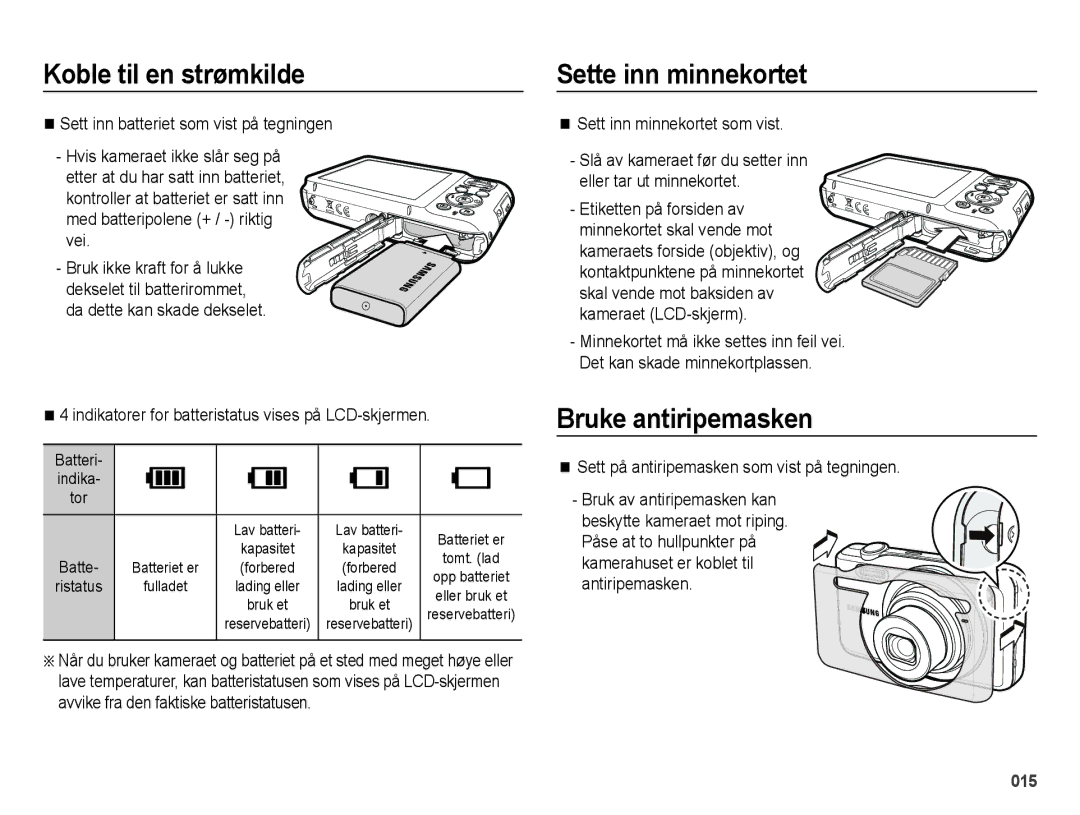 Samsung EC-ES70ZZBPSE2, EC-ES70ZZBPPE2, EC-ES70ZZBPRE2, EC-ES70ZZBPUE2 manual Sette inn minnekortet, Bruke antiripemasken 