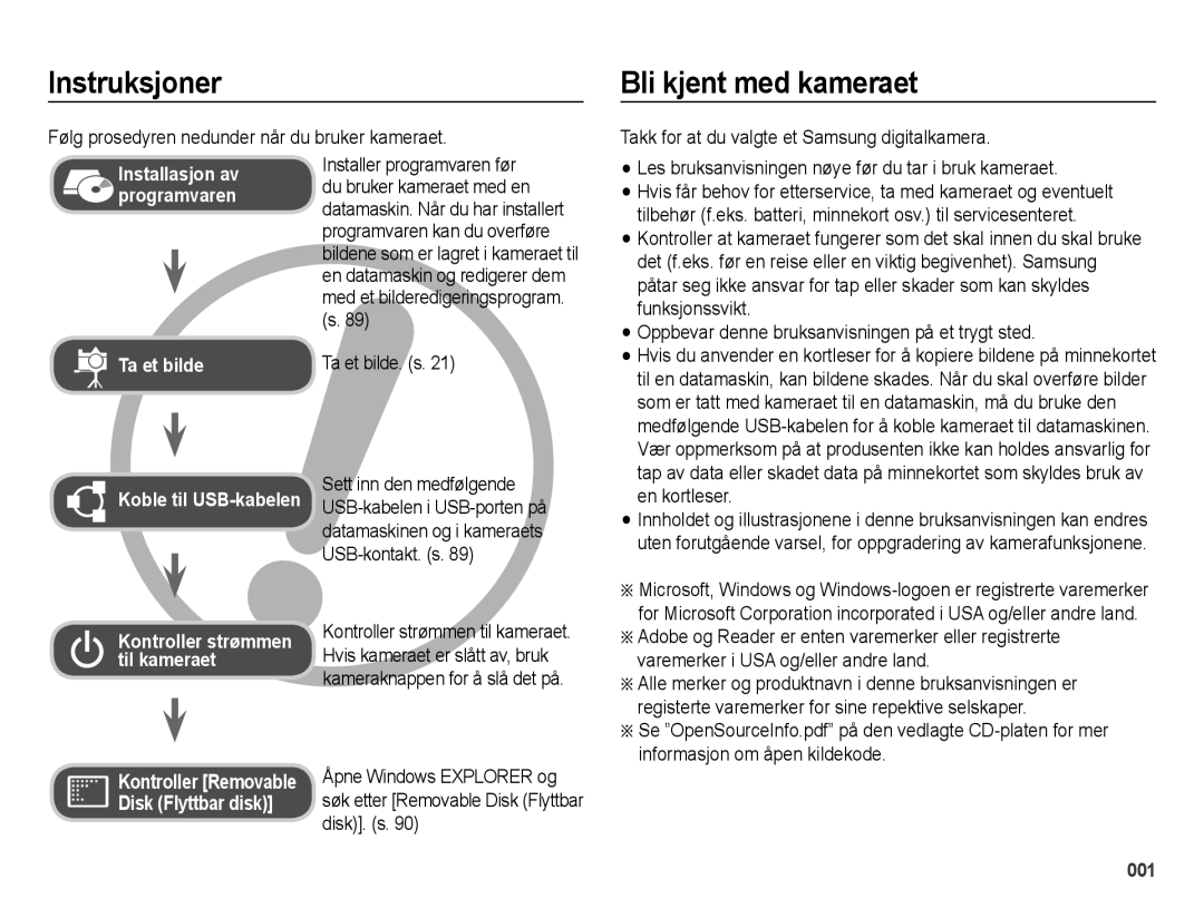 Samsung EC-ES70ZZBPSE2 manual Instruksjoner, Bli kjent med kameraet, Følg prosedyren nedunder når du bruker kameraet 