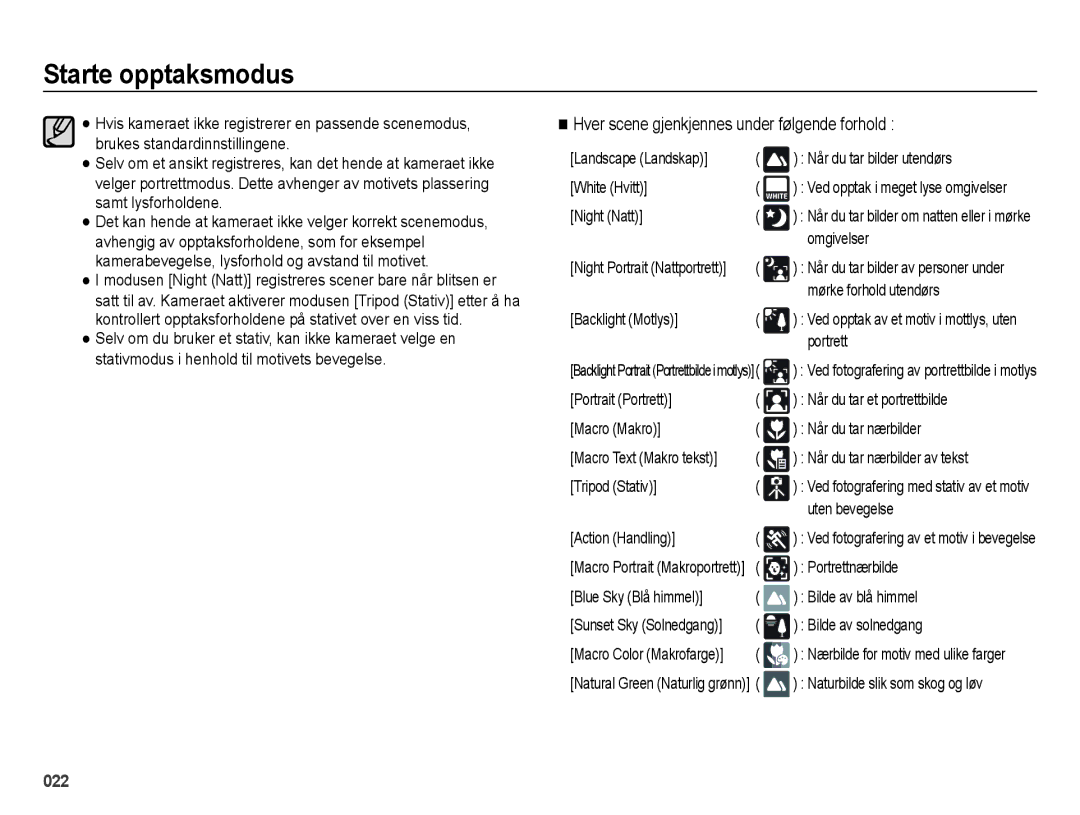 Samsung EC-ES70ZZBPSE2, EC-ES70ZZBPPE2, EC-ES70ZZBPRE2, EC-ES70ZZBPUE2 manual Hver scene gjenkjennes under følgende forhold 