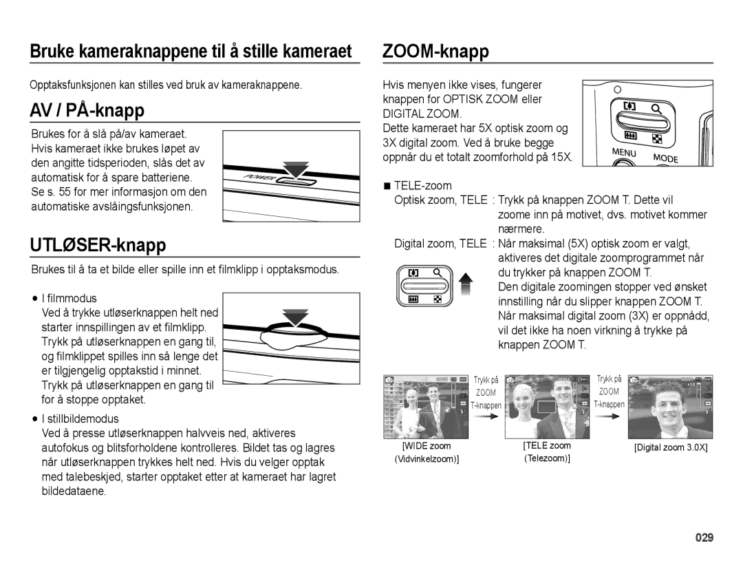 Samsung EC-ES70ZZBPSE2, EC-ES70ZZBPPE2, EC-ES70ZZBPRE2, EC-ES70ZZBPUE2 manual AV / PÅ-knapp, UTLØSER-knapp, ZOOM-knapp 