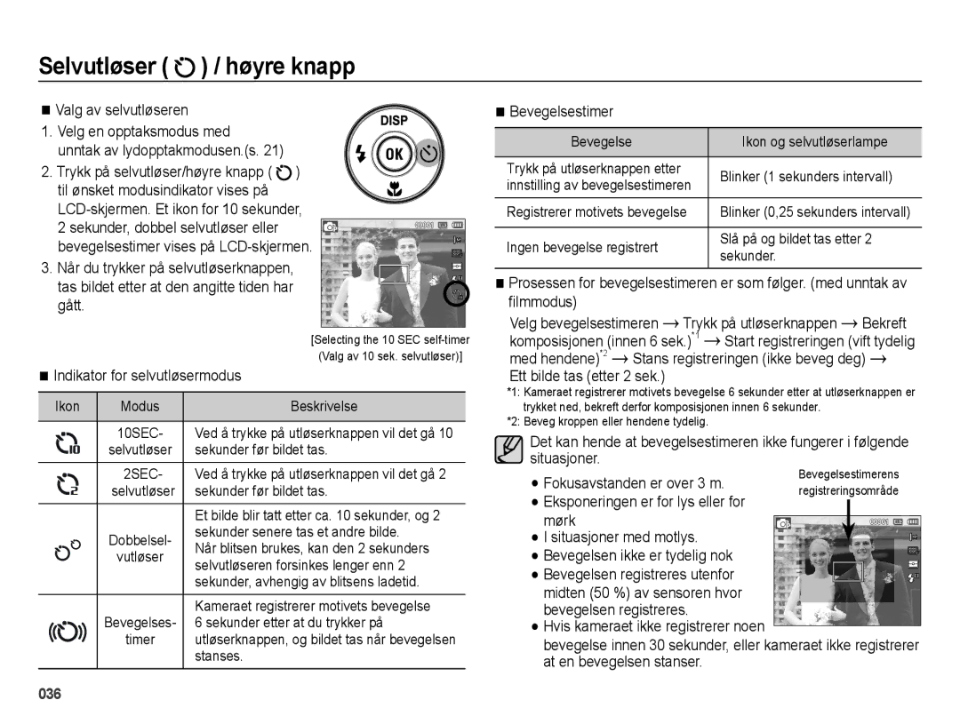 Samsung EC-ES70ZZBPSE2 manual Velg en opptaksmodus med, LCD-skjermen. Et ikon for 10 sekunder, Gått, Bevegelsestimer 