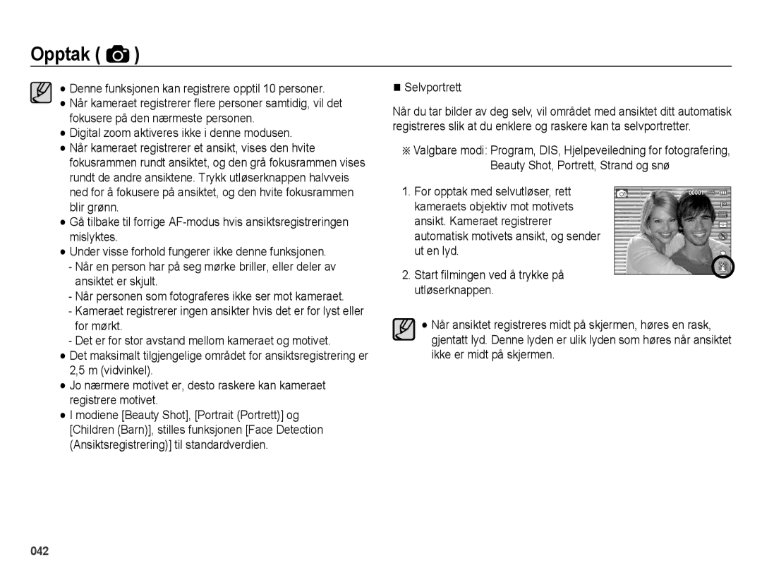 Samsung EC-ES70ZZBPRE2, EC-ES70ZZBPPE2, EC-ES70ZZBPSE2, EC-ES70ZZBPUE2, EC-ES71ZZBDBE2, EC-ES70ZZBPBE2 manual Selvportrett 