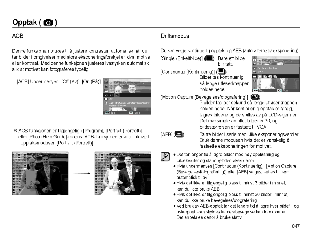 Samsung EC-ES71ZZBDPE2 manual Driftsmodus, ACB Undermenyer Off Av, On På, Aeb, Fastsette eksponeringen for motivet 