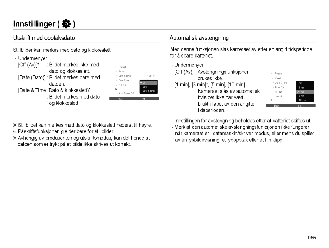 Samsung EC-ES70ZZBPPE2 Utskrift med opptaksdato, Automatisk avstengning, Stillbilder kan merkes med dato og klokkeslett 