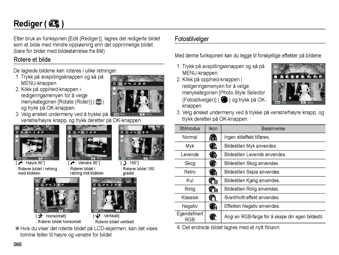 Samsung EC-ES71ZZBDPE2 manual Rotere et bilde, MENU-knappen Klikk på opp/ned-knappen, Redigeringsmenyen for å velge 