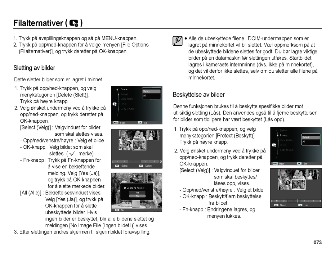 Samsung EC-ES71ZZBDBE2, EC-ES70ZZBPPE2, EC-ES70ZZBPRE2 manual Filalternativer, Sletting av bilder, Beskyttelse av bilder 