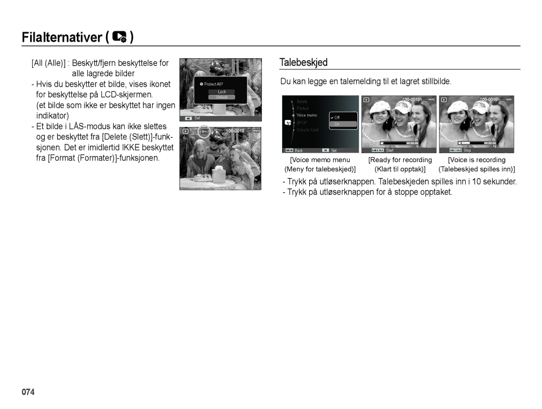 Samsung EC-ES70ZZBPBE2 Talebeskjed, For beskyttelse på LCD-skjermen, Du kan legge en talemelding til et lagret stillbilde 