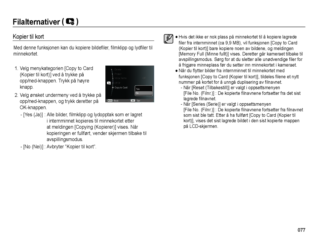 Samsung EC-ES70ZZBPRE2, EC-ES70ZZBPPE2, EC-ES70ZZBPSE2, EC-ES70ZZBPUE2, EC-ES71ZZBDBE2, EC-ES70ZZBPBE2 manual Kopier til kort 