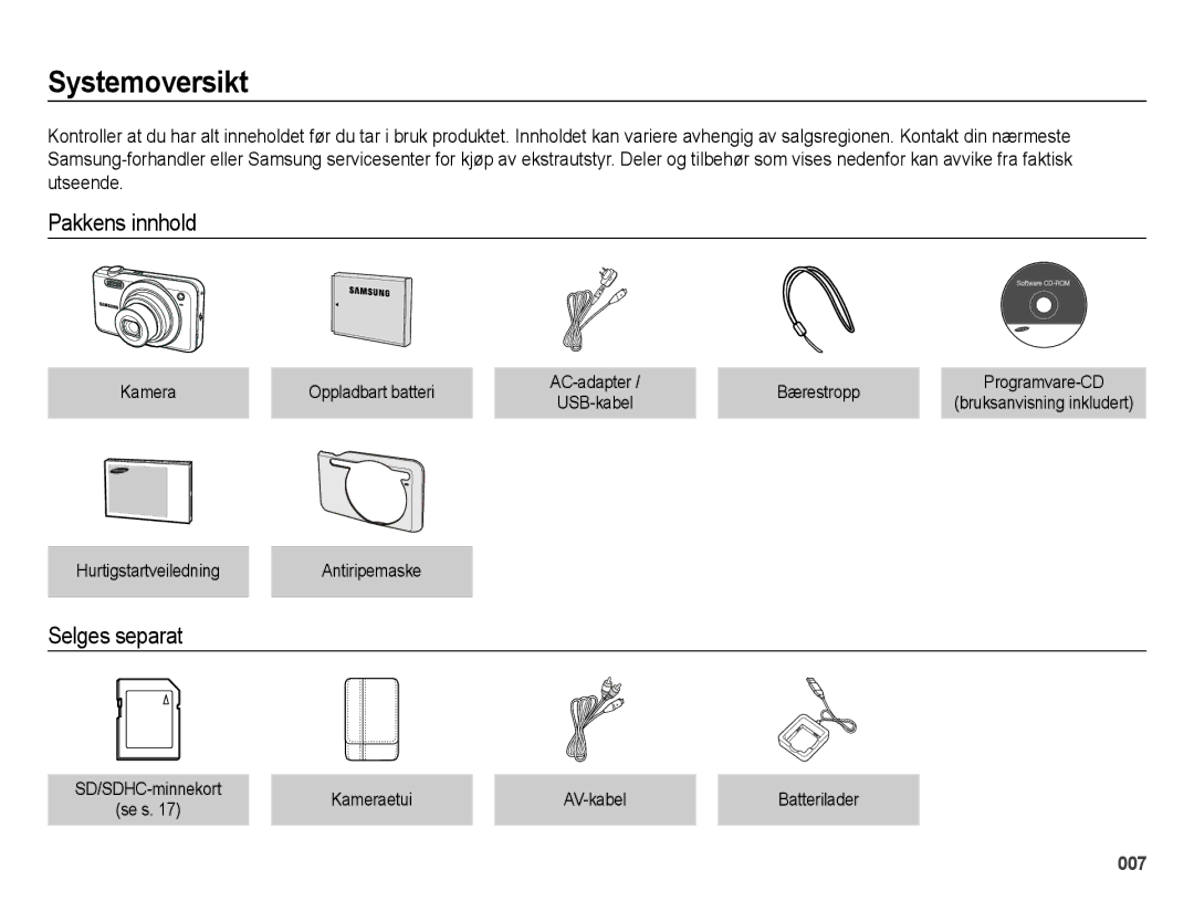 Samsung EC-ES70ZZBPRE2, EC-ES70ZZBPPE2, EC-ES70ZZBPSE2, EC-ES70ZZBPUE2 manual Systemoversikt, Pakkens innhold, Selges separat 