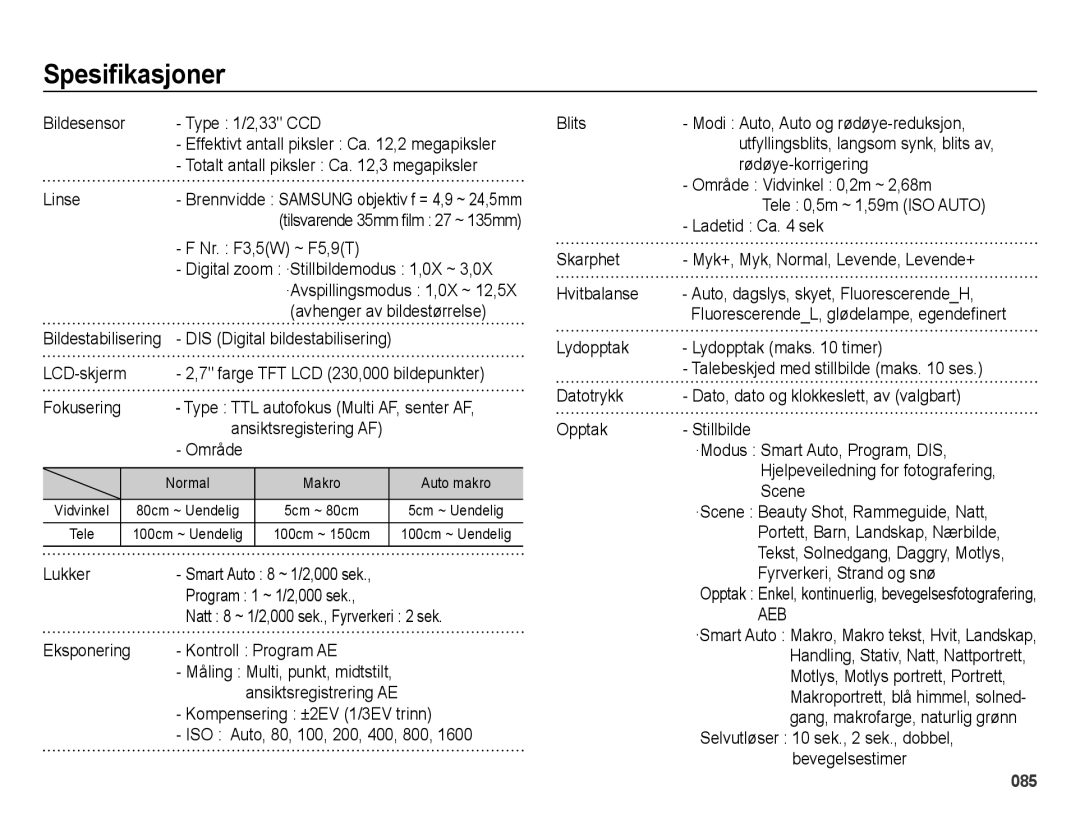 Samsung EC-ES70ZZBPSE2, EC-ES70ZZBPPE2, EC-ES70ZZBPRE2, EC-ES70ZZBPUE2, EC-ES71ZZBDBE2, EC-ES70ZZBPBE2 manual Spesiﬁkasjoner 