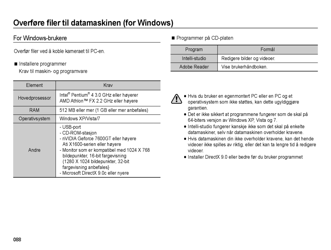 Samsung EC-ES70ZZBPBE2 manual Overføre ﬁler til datamaskinen for Windows, For Windows-brukere, Programmer på CD-platen 