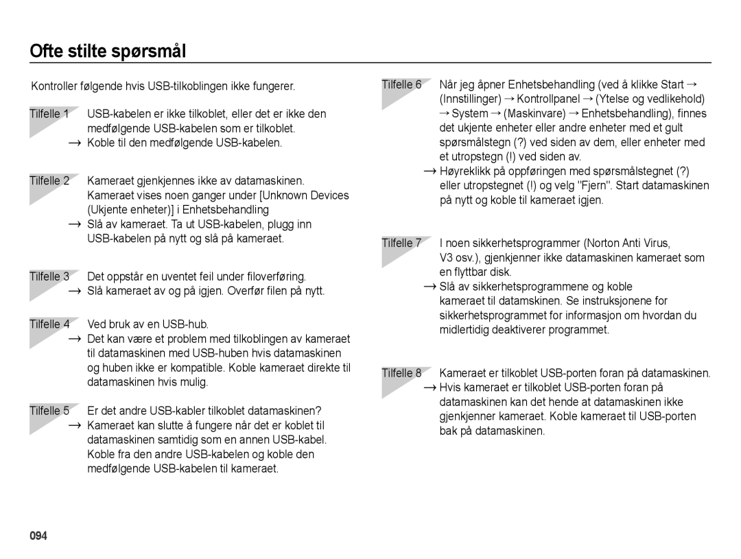 Samsung EC-ES71ZZBDBE2, EC-ES70ZZBPPE2 manual Ofte stilte spørsmål, Kontroller følgende hvis USB-tilkoblingen ikke fungerer 