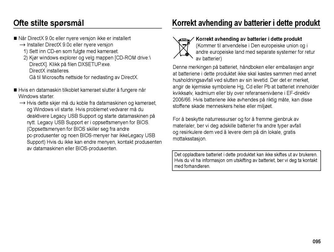 Samsung EC-ES70ZZBPBE2, EC-ES70ZZBPPE2, EC-ES70ZZBPRE2, EC-ES70ZZBPSE2 manual Korrekt avhending av batterier i dette produkt 