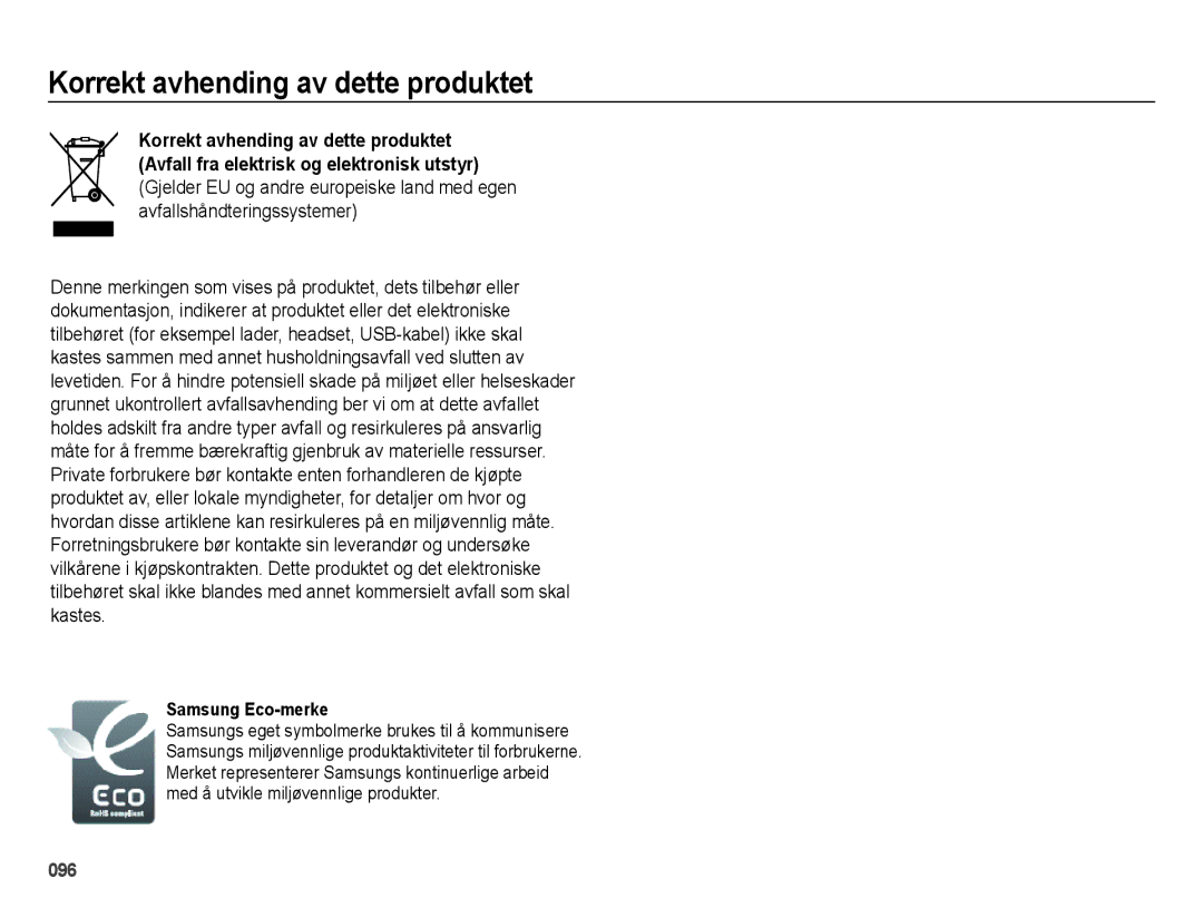 Samsung EC-ES71ZZBDPE2, EC-ES70ZZBPPE2, EC-ES70ZZBPRE2 manual Korrekt avhending av dette produktet, Samsung Eco-merke 