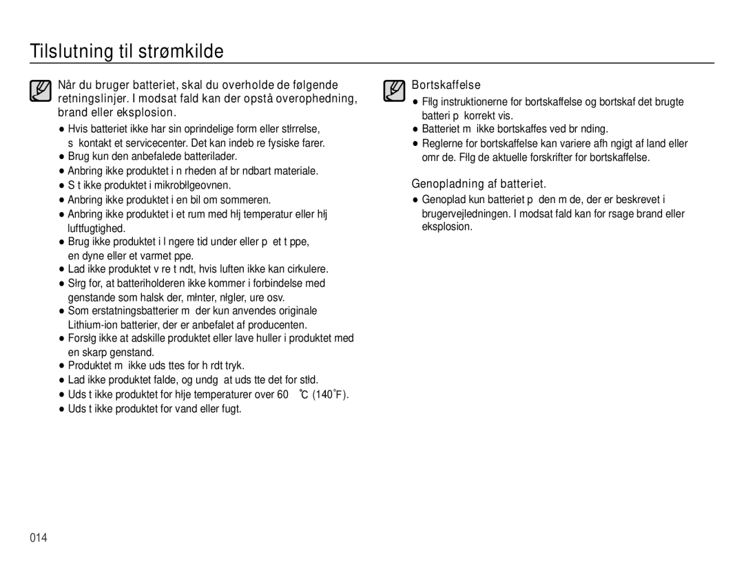 Samsung EC-ES70ZZBPRE2, EC-ES70ZZBPPE2, EC-ES70ZZBPSE2, EC-ES70ZZBPUE2 manual Bortskaffelse, Genopladning af batteriet 