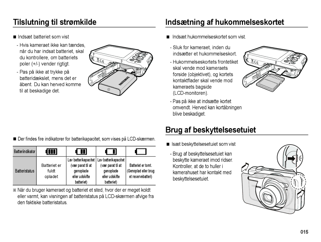 Samsung EC-ES70ZZBPSE2 manual Indsætning af hukommelseskortet, Brug af beskyttelsesetuiet, Indsæt batteriet som vist 