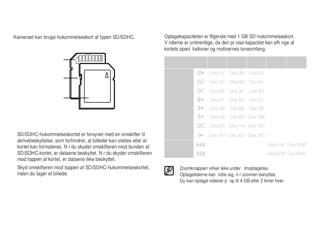 Samsung EC-ES71ZZBDBE2, EC-ES70ZZBPPE2 Kameraet kan bruge hukommelseskort af typen SD/SDHC, Kontaktpunkter, Ved optagelse 