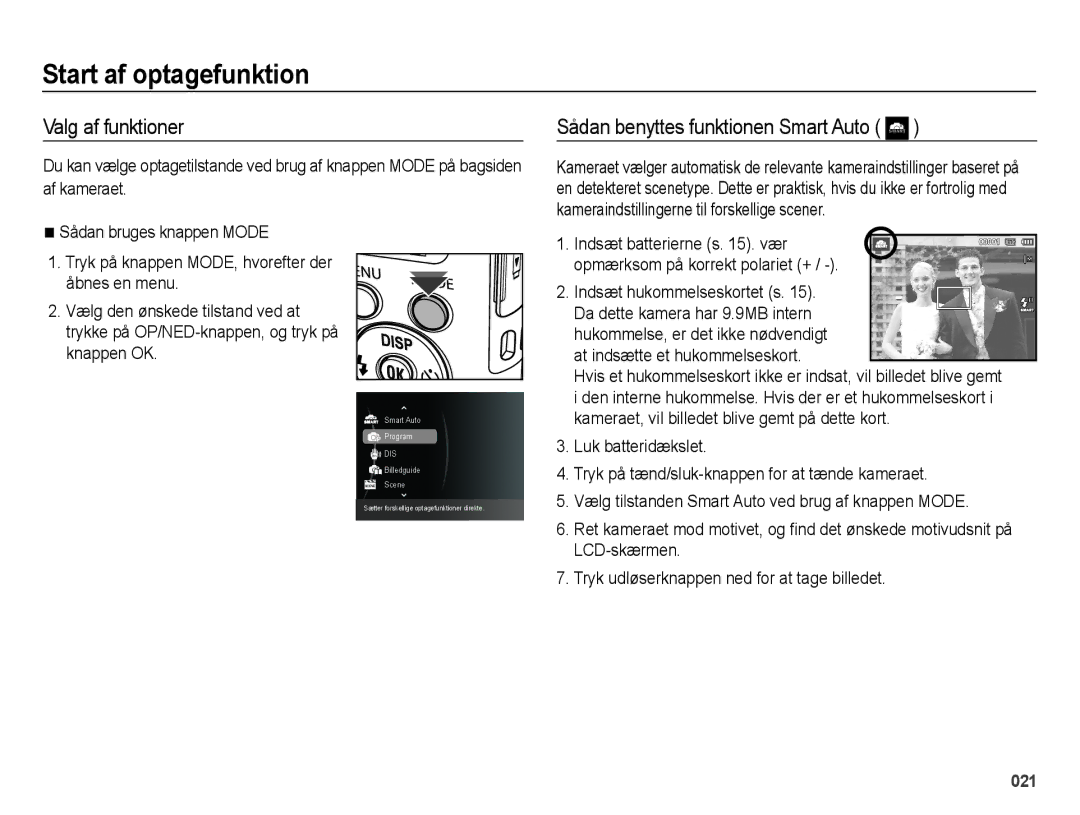 Samsung EC-ES70ZZBPRE2, EC-ES70ZZBPPE2 Start af optagefunktion, Valg af funktioner, Sådan benyttes funktionen Smart Auto 