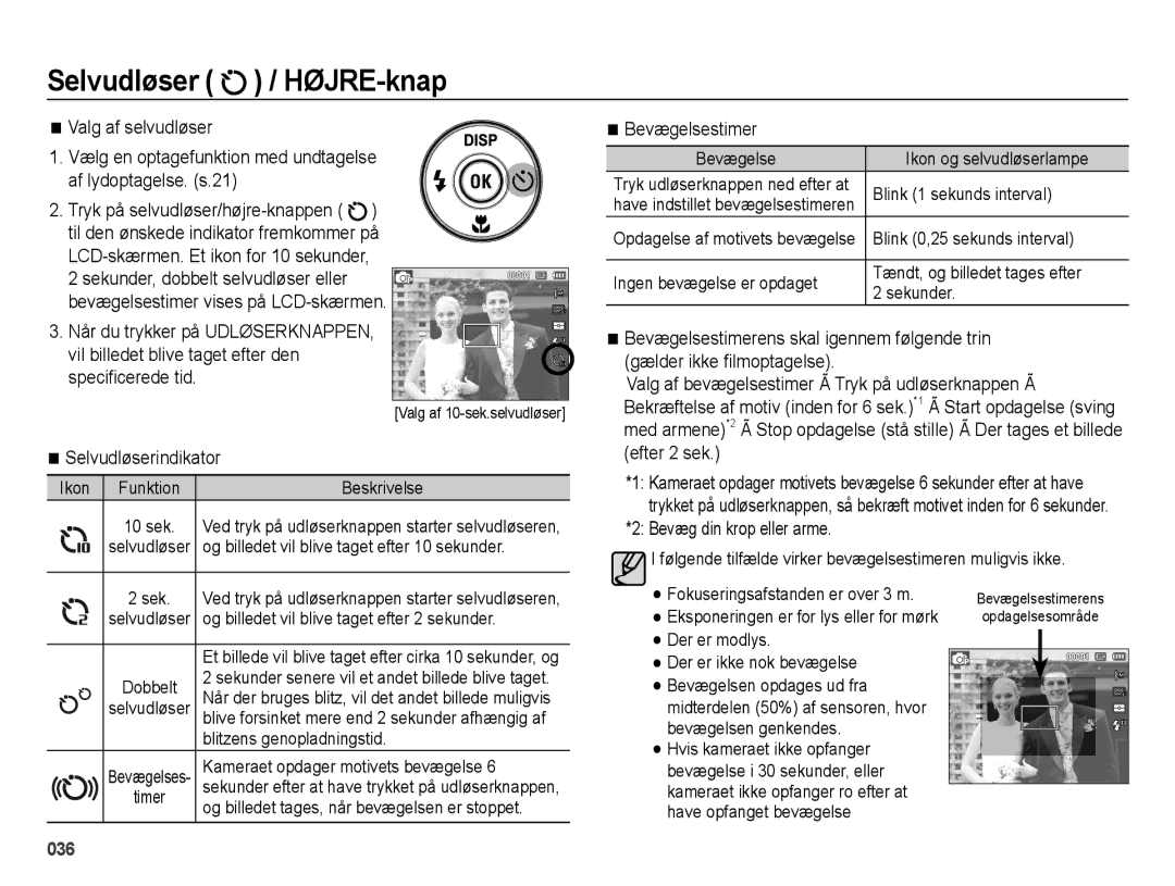 Samsung EC-ES70ZZBPSE2, EC-ES70ZZBPPE2, EC-ES70ZZBPRE2 Selvudløserindikator, Bevægelsestimer, Bevæg din krop eller arme 