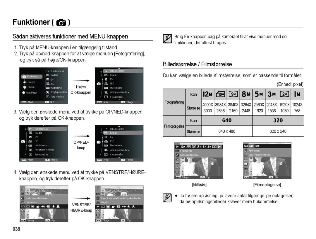 Samsung EC-ES71ZZBDBE2, EC-ES70ZZBPPE2 Sådan aktiveres funktioner med MENU-knappen, Billedstørrelse / Filmstørrelse, 768 