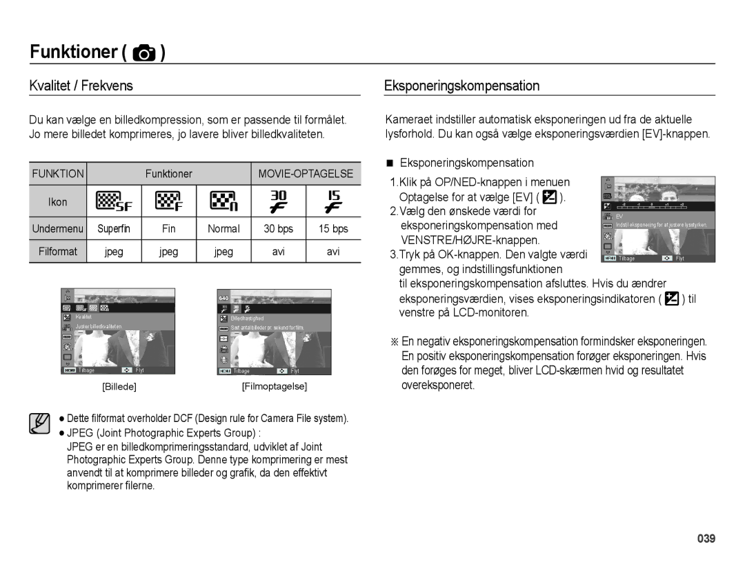 Samsung EC-ES70ZZBPBE2, EC-ES70ZZBPPE2, EC-ES70ZZBPRE2, EC-ES70ZZBPSE2 manual Kvalitet / Frekvens, Eksponeringskompensation 