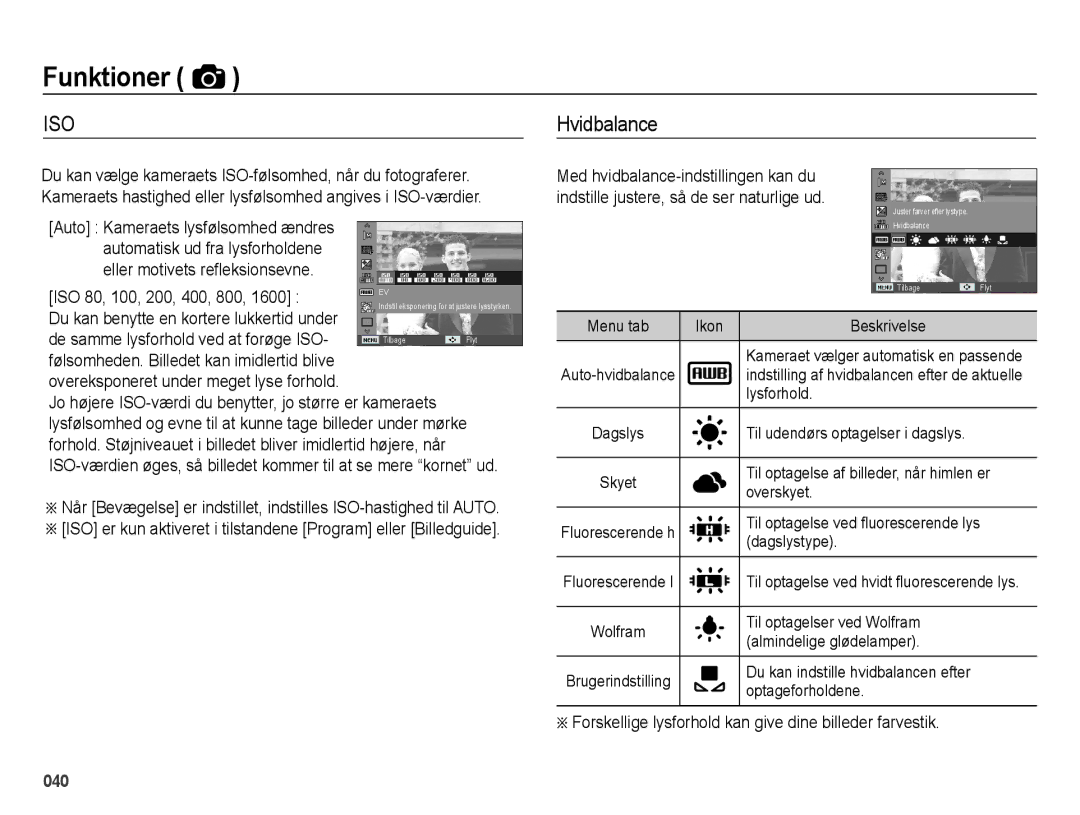 Samsung EC-ES71ZZBDPE2, EC-ES70ZZBPPE2, EC-ES70ZZBPRE2 Hvidbalance, Forskellige lysforhold kan give dine billeder farvestik 