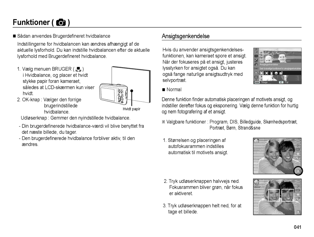 Samsung EC-ES70ZZBPPE2 manual Ansigtsgenkendelse, Sådan anvendes Brugerdeﬁneret hvidbalance, Vælg menuen Bruger, Normal 