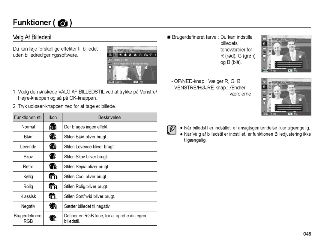 Samsung EC-ES71ZZBDBE2, EC-ES70ZZBPPE2, EC-ES70ZZBPRE2, EC-ES70ZZBPSE2 manual Valg Af Billedstil, OP/NED-knap Vælger R, G, B 