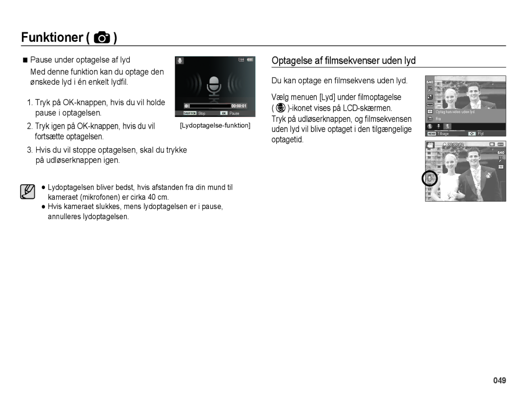 Samsung EC-ES70ZZBPRE2 manual Pause under optagelse af lyd, Tryk på OK-knappen, hvis du vil holde pause i optagelsen 