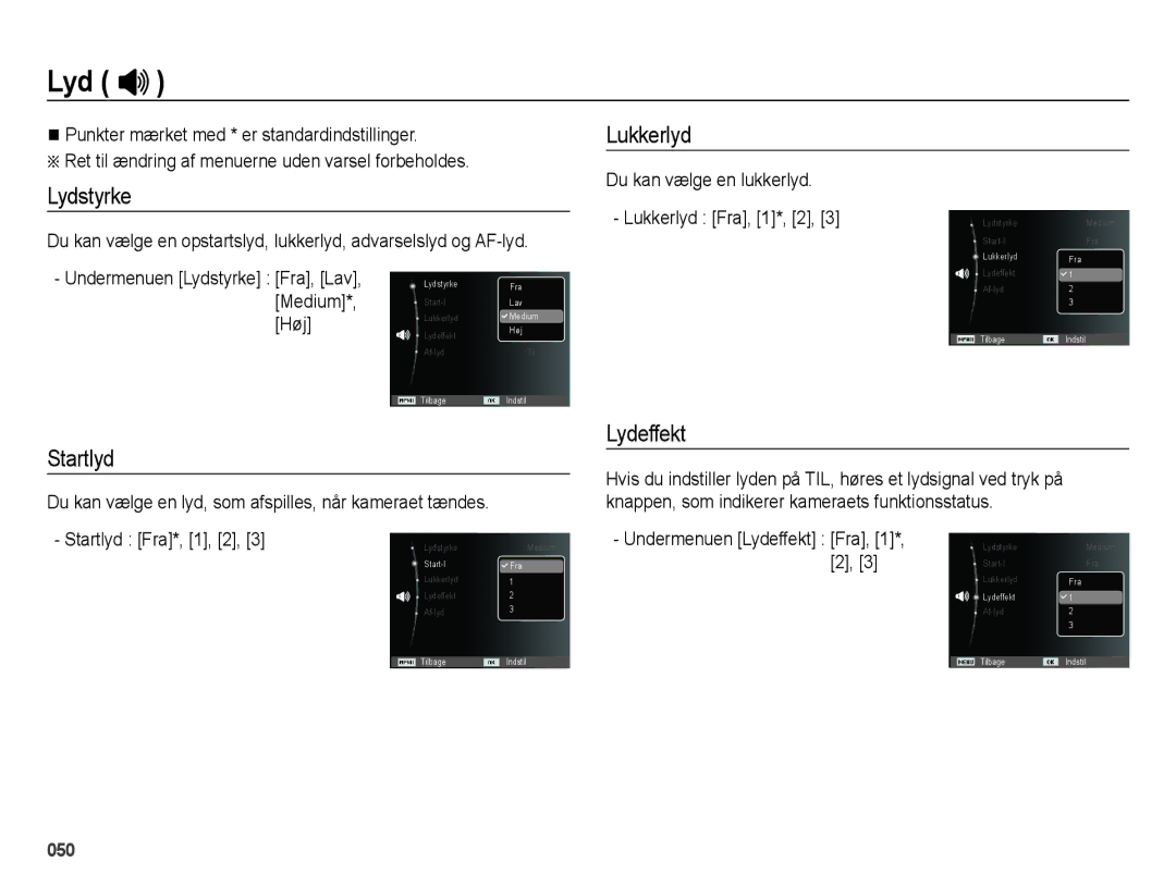 Samsung EC-ES70ZZBPSE2, EC-ES70ZZBPPE2, EC-ES70ZZBPRE2 Lydstyrke, Startlyd Lukkerlyd, Lydeffekt, Startlyd Fra*, 1, 2 