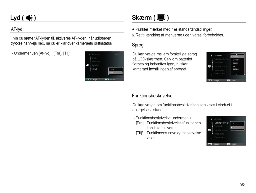 Samsung EC-ES70ZZBPUE2, EC-ES70ZZBPPE2, EC-ES70ZZBPRE2, EC-ES70ZZBPSE2, EC-ES71ZZBDBE2 Skærm, Sprog, Funktionsbeskrivelse 