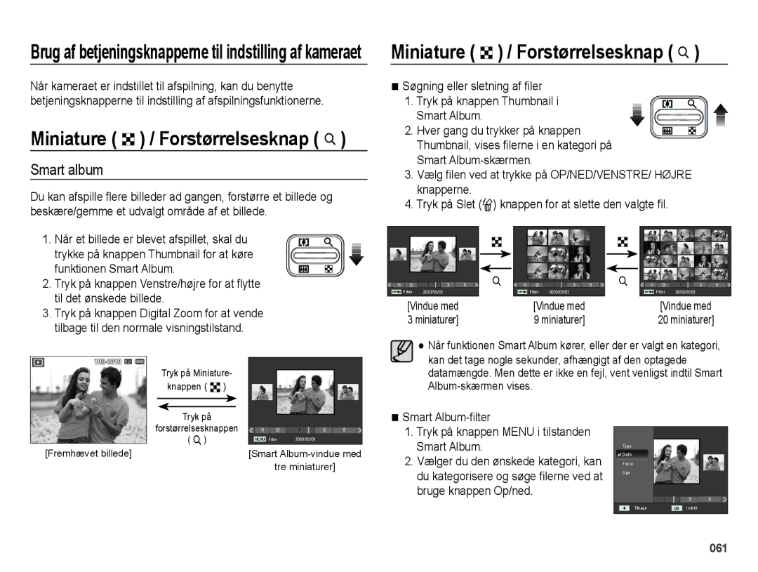 Samsung EC-ES71ZZBDPE2, EC-ES70ZZBPPE2 Miniature º / Forstørrelsesknap í, Smart album, Søgning eller sletning af filer 