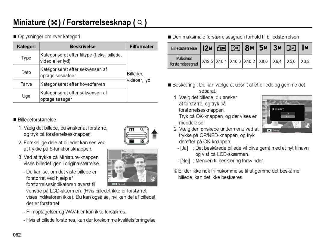 Samsung EC-ES70ZZBPPE2, EC-ES70ZZBPRE2 Oplysninger om hver kategori, Billedeforstørrelse, Forstørrelsesknappen, Meddelelse 