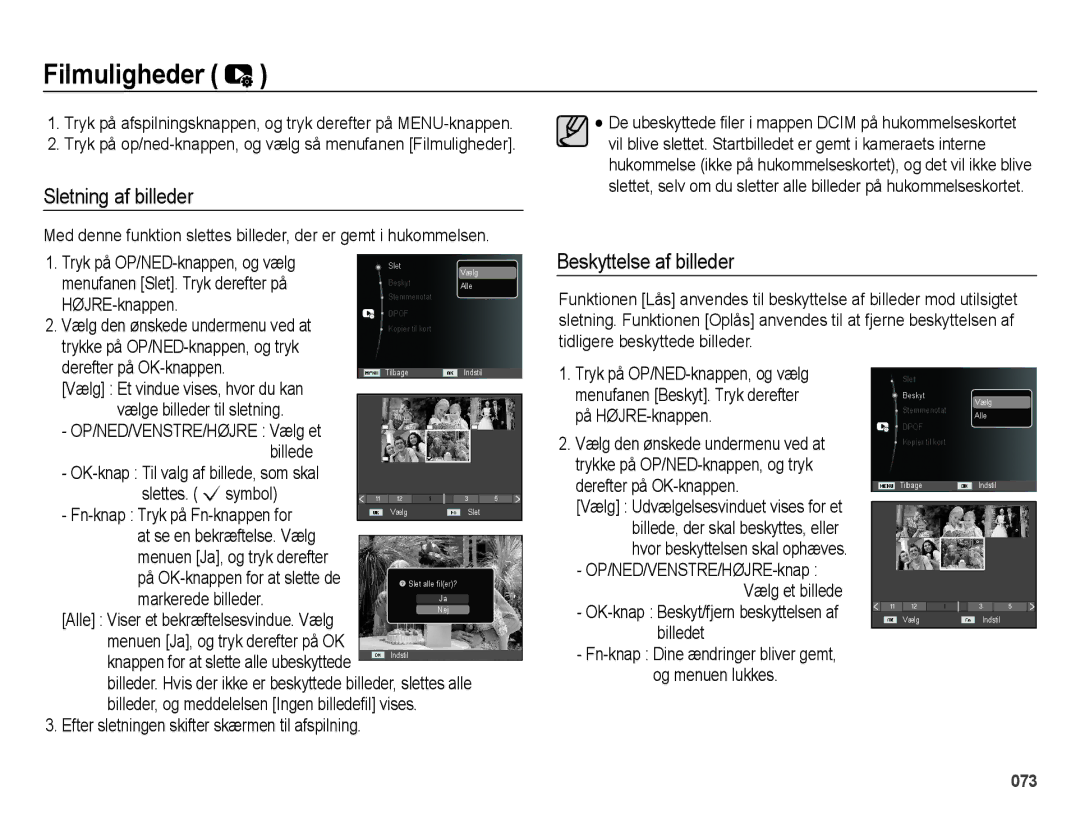 Samsung EC-ES71ZZBDBE2, EC-ES70ZZBPPE2, EC-ES70ZZBPRE2 manual Filmuligheder, Sletning af billeder, Beskyttelse af billeder 