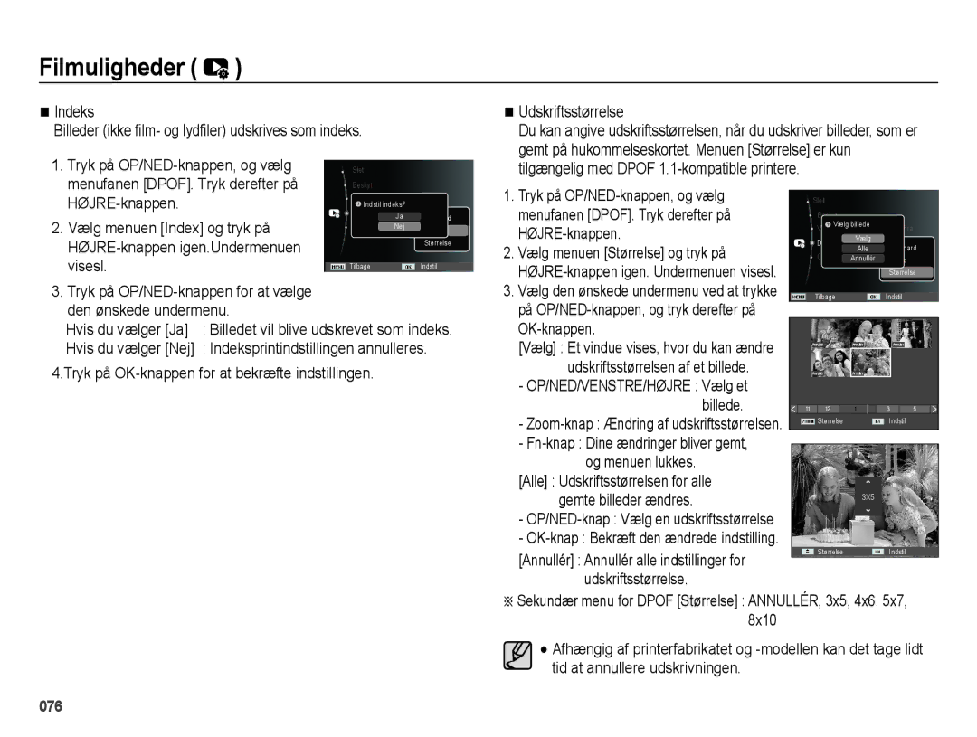 Samsung EC-ES70ZZBPPE2, EC-ES70ZZBPRE2 manual Menufanen DPOF. Tryk derefter på, Vælg menuen Størrelse og tryk på, OK-knappen 