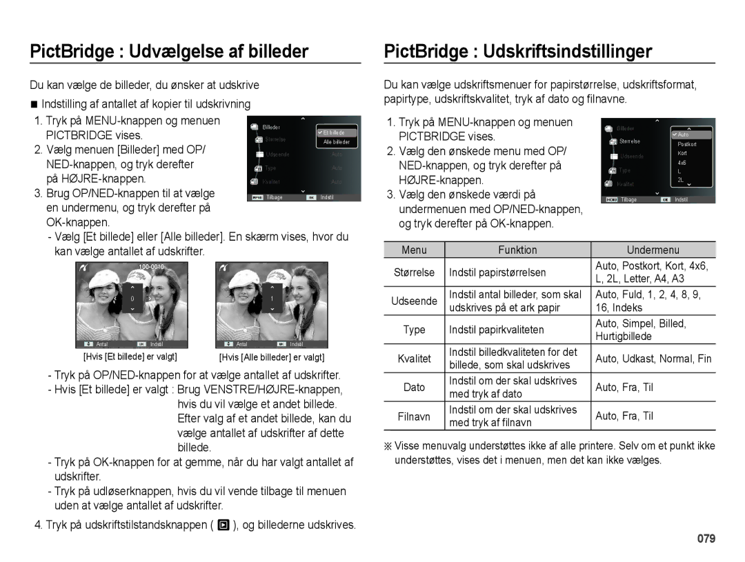 Samsung EC-ES70ZZBPUE2, EC-ES70ZZBPPE2, EC-ES70ZZBPRE2 PictBridge Udvælgelse af billeder, PictBridge Udskriftsindstillinger 