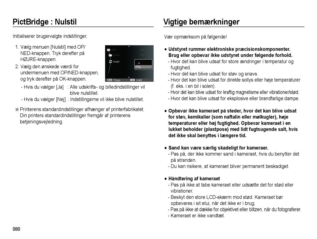 Samsung EC-ES71ZZBDBE2 manual PictBridge Nulstil Vigtige bemærkninger, Sand kan være særlig skadeligt for kameraer 