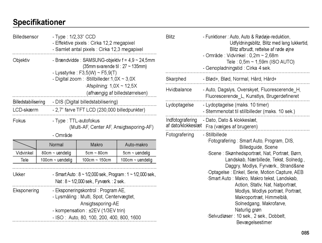 Samsung EC-ES70ZZBPSE2, EC-ES70ZZBPPE2, EC-ES70ZZBPRE2, EC-ES70ZZBPUE2, EC-ES71ZZBDBE2, EC-ES70ZZBPBE2 manual Speciﬁkationer 