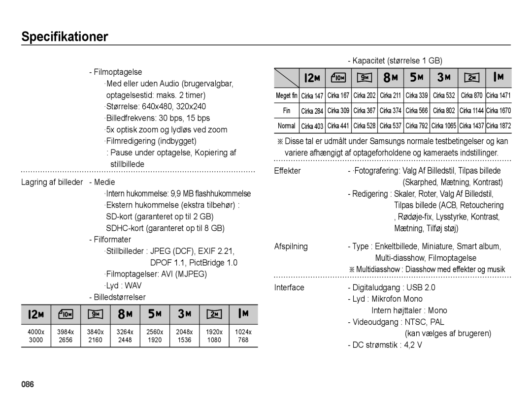 Samsung EC-ES70ZZBPUE2 manual Filmoptagelse, Pause under optagelse, Kopiering af stillbillede, Medie, Filformater, Effekter 