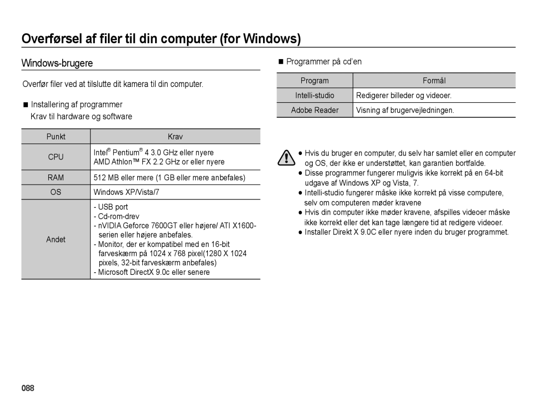 Samsung EC-ES70ZZBPBE2 manual Overførsel af ﬁler til din computer for Windows, Windows-brugere, Programmer på cd’en 