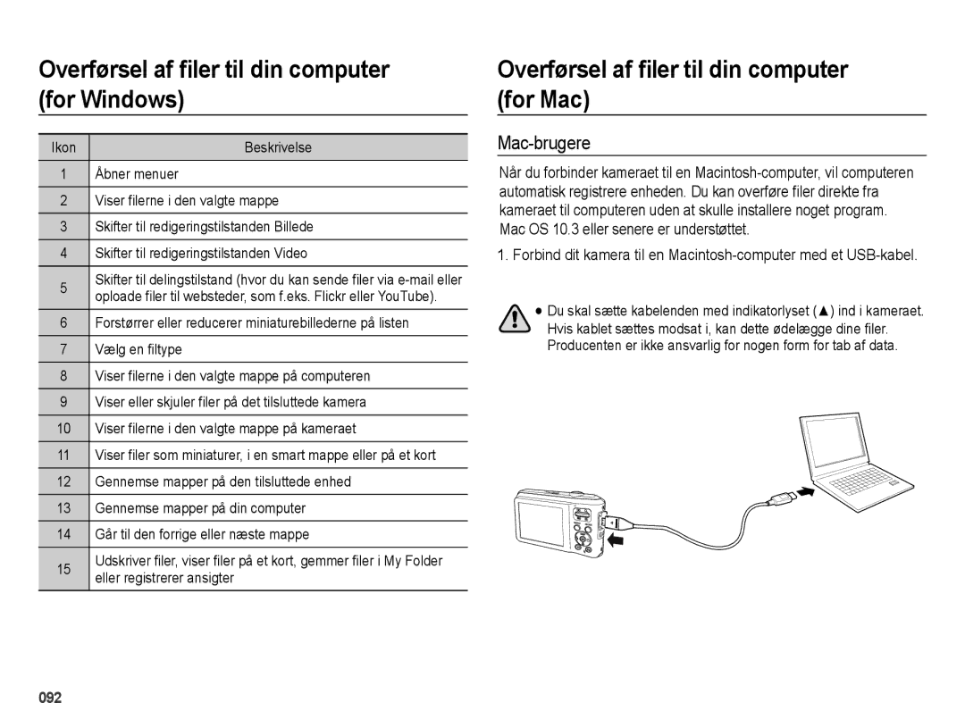 Samsung EC-ES70ZZBPSE2, EC-ES70ZZBPPE2, EC-ES70ZZBPRE2 manual Overførsel af ﬁler til din computer for Mac, Mac-brugere 