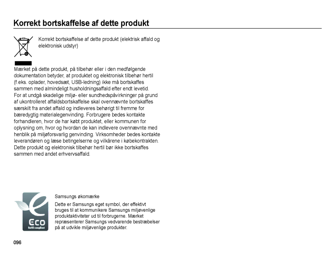 Samsung EC-ES71ZZBDPE2, EC-ES70ZZBPPE2, EC-ES70ZZBPRE2 manual Korrekt bortskaffelse af dette produkt, Samsungs økomærke 