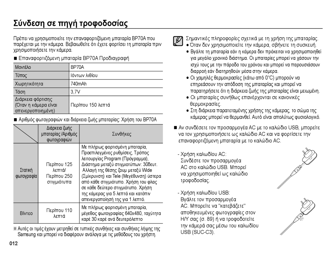 Samsung EC-ES70ZZBPBE3 manual Σύνδεση σε πηγή τροφοδοσίας, Σημαντικές πληροφορίες σχετικά με τη χρήση της μπαταρίας 