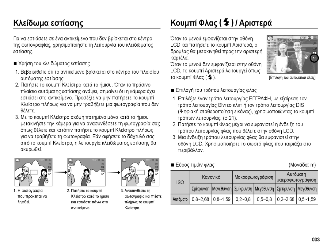 Samsung EC-ES70ZZBPSE3, EC-ES70ZZBPSE1, EC-ES70ZZBPBE3 manual Κλείδωμα εστίασης, Κουμπί Φλας / Αριστερά, Το κουμπί Φλας 