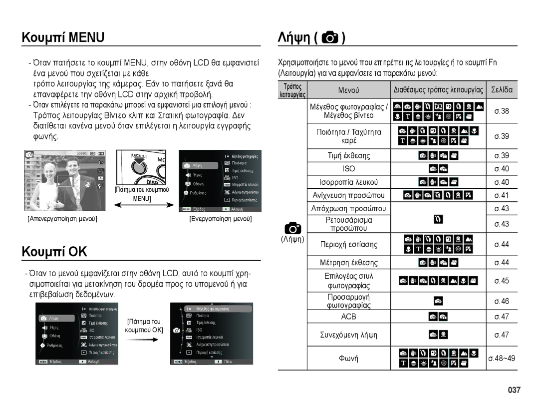 Samsung EC-ES70ZZBPSE3 manual Κουμπί Menu, Τρόπος λειτουργίας Βίντεο κλιπ και Στατική φωτογραφία. Δεν, Φωνής, Λήψη 