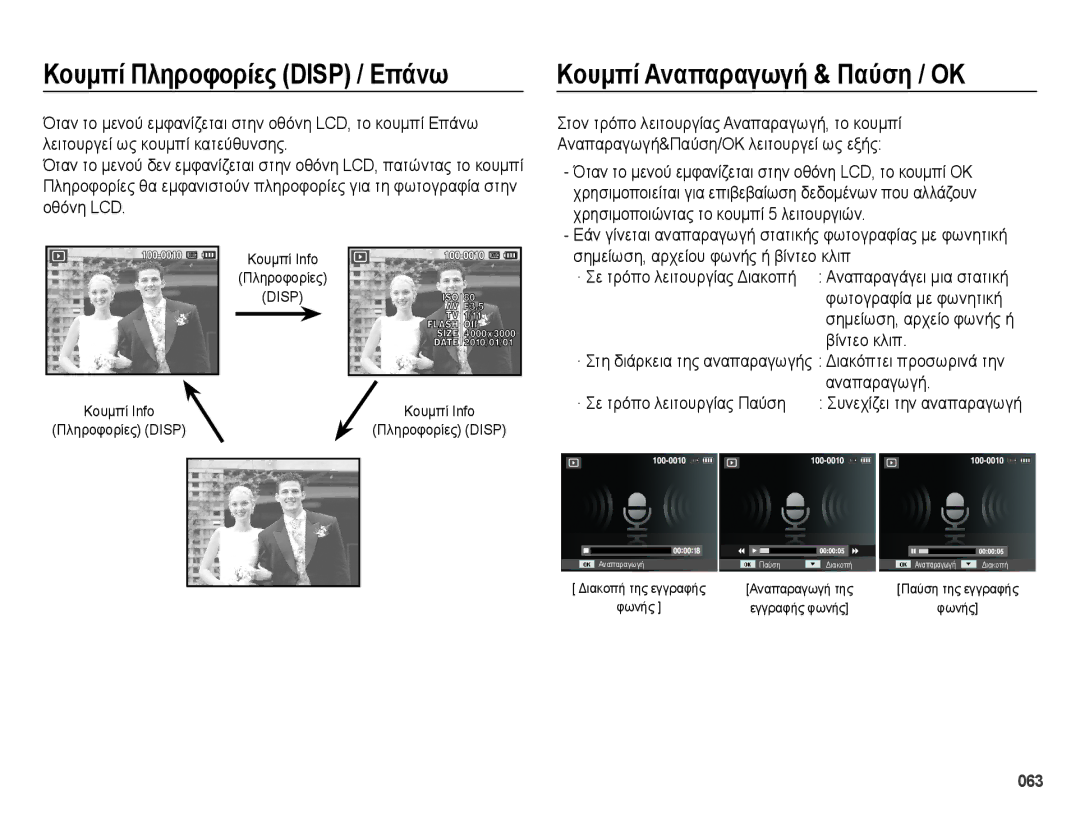 Samsung EC-ES70ZZBPSE1, EC-ES70ZZBPBE3 manual Κουμπί Αναπαραγωγή & Παύση / ΟΚ, · Σε τρόπο λειτουργίας Παύση, Κουμπί Info 