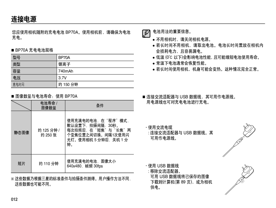 Samsung EC-ES70ZZBPRDK, EC-ES70ZZBPSIT, EC-ES70ZZBPPIT, EC-ES70ZZBPBIT, EC-ES70ZZBPBE3, EC-ES70ZZBPSE3 manual 连接电源, 012 