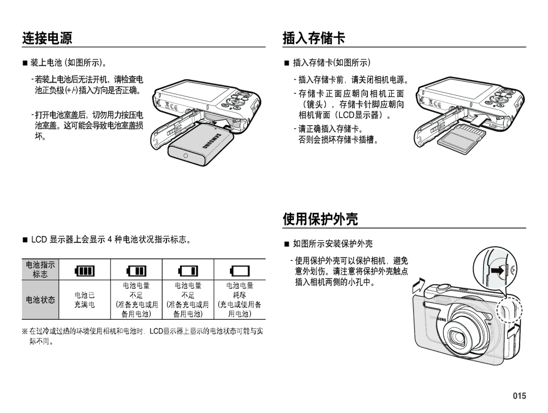 Samsung EC-ES70ZZBPSIT, EC-ES70ZZBPPIT, EC-ES70ZZBPBIT, EC-ES70ZZBPBE3, EC-ES70ZZBPSE3, EC-ES70ZZBPUE3 manual 插入存储卡, 使用保护外壳, 015 