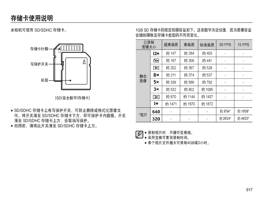 Samsung EC-ES70ZZBPBIT, EC-ES70ZZBPSIT manual 本相机可使用 Sd/Sdhc 存储卡。, 拍照前，请将此开关滑至 Sd/Sdhc 存储卡上方。, 会随拍摄物及存储卡类型的不同而变化。, 017 